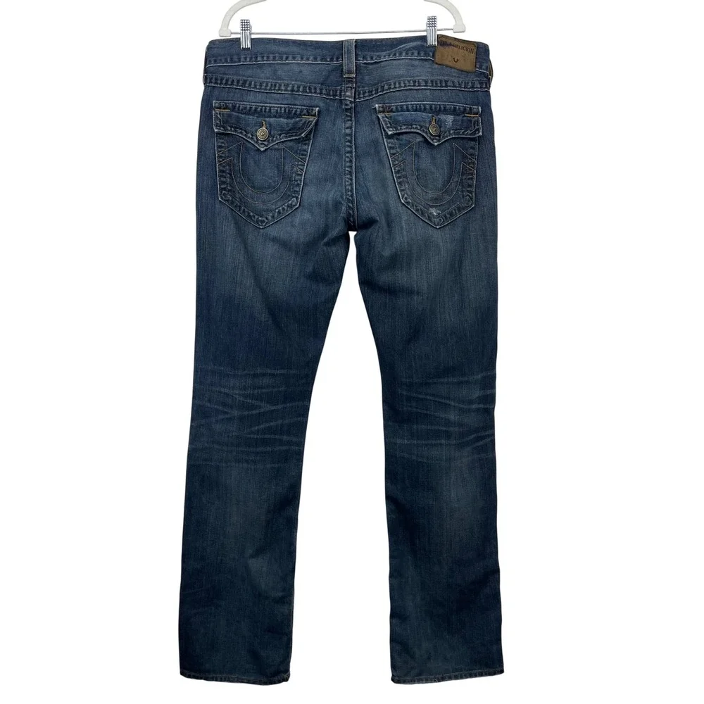 True Religion Mens Size 38x34 Ricky Relaxed‎ Straight Jeans Dark Wash Distressed